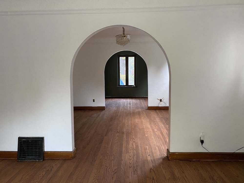 Dark stained hardwood dining room